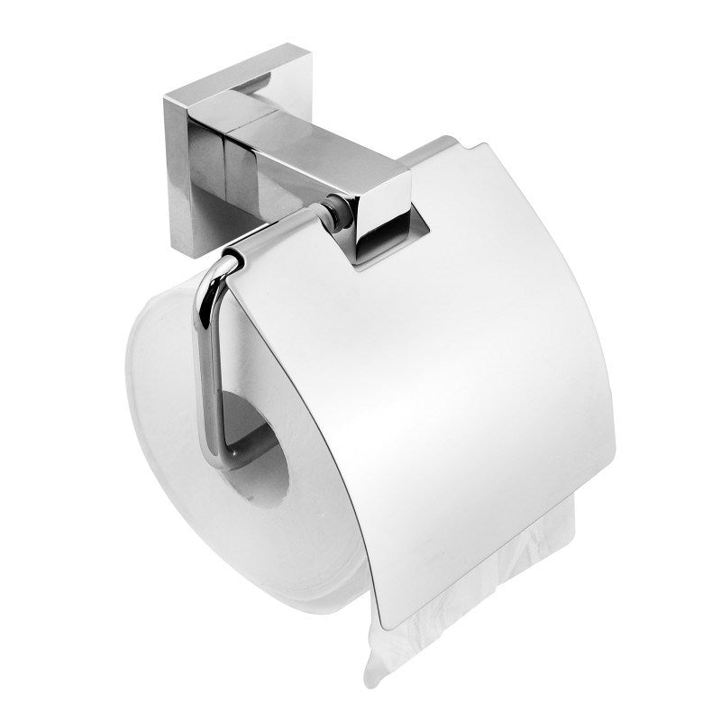 Chrome toilet paper holder with a roll of toilet paper on a white background