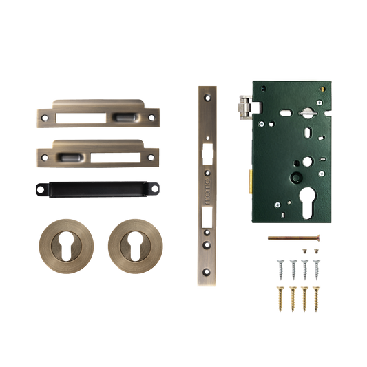 Momo Solid Brass Roller Mortice Entrance Set In Dark Brushed Brass
