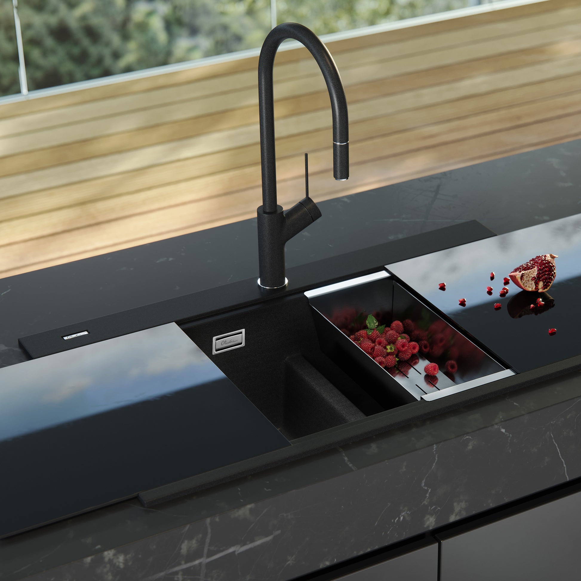 Santorini Black Double Bowl Topmount Sink With Glass Top