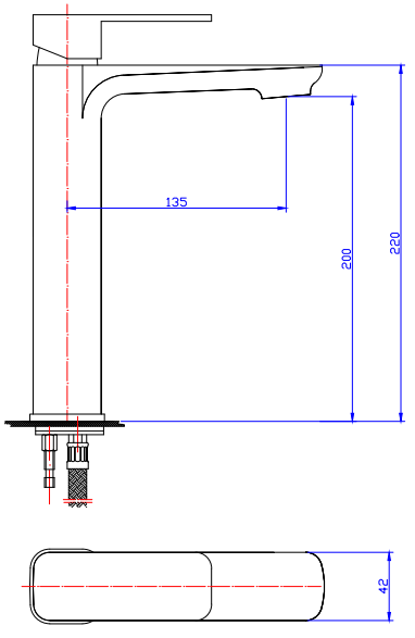 Solace Tall Basin Mixer specification drawing with dimensions