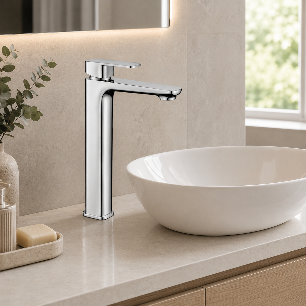 Solace Tall Basin Mixer in Sterling Chrome, installed