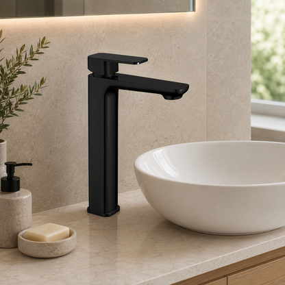 Solace Tall Basin Mixer in Noir Obsidian, installed