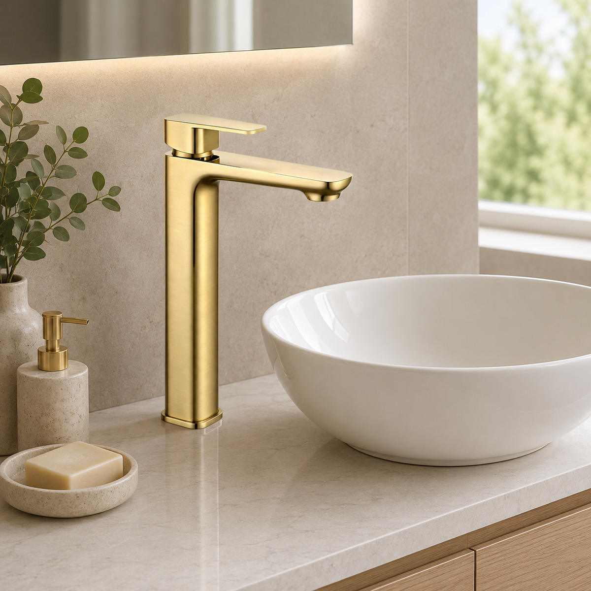 Solace Tall Basin Mixer in Brushed Aurum, installed