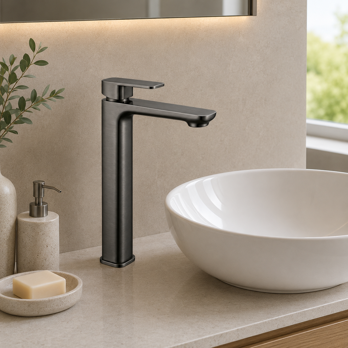 Solace Tall Basin Mixer in Forged Gunmetal, installed
