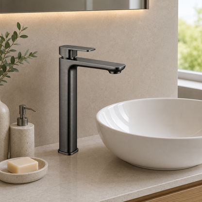Solace Tall Basin Mixer in Forged Gunmetal, installed