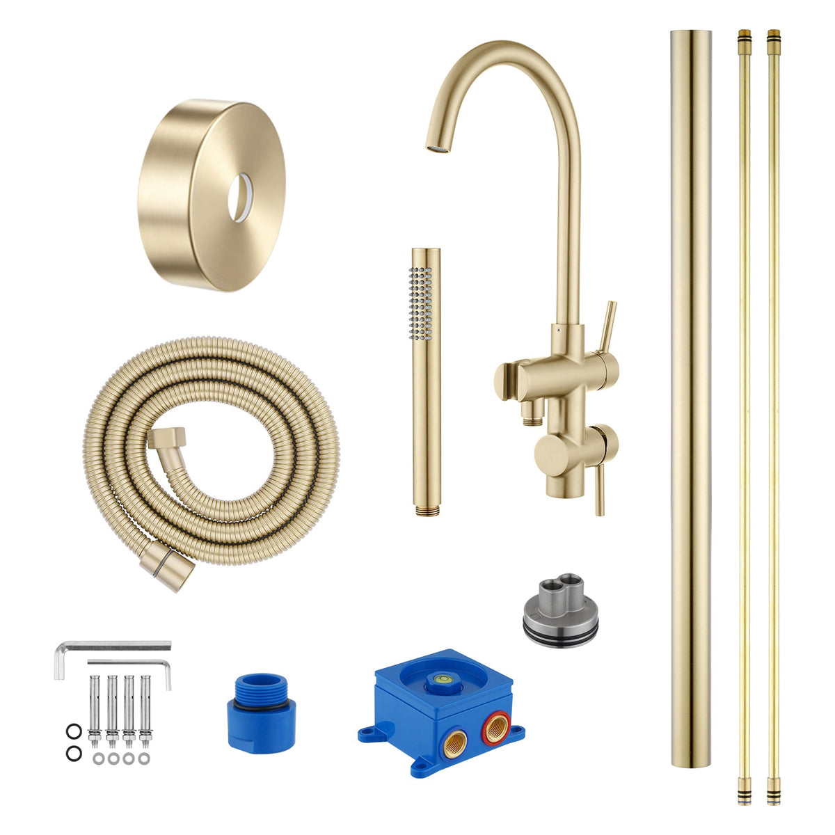 Light Brushed Brass Freestanding Tap with Handheld Shower