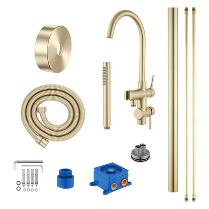 Light Brushed Brass Freestanding Tap with Handheld Shower