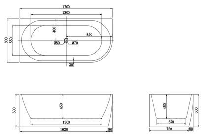 1700x800x600mm Gina Fluted Left Corner Gloss Black