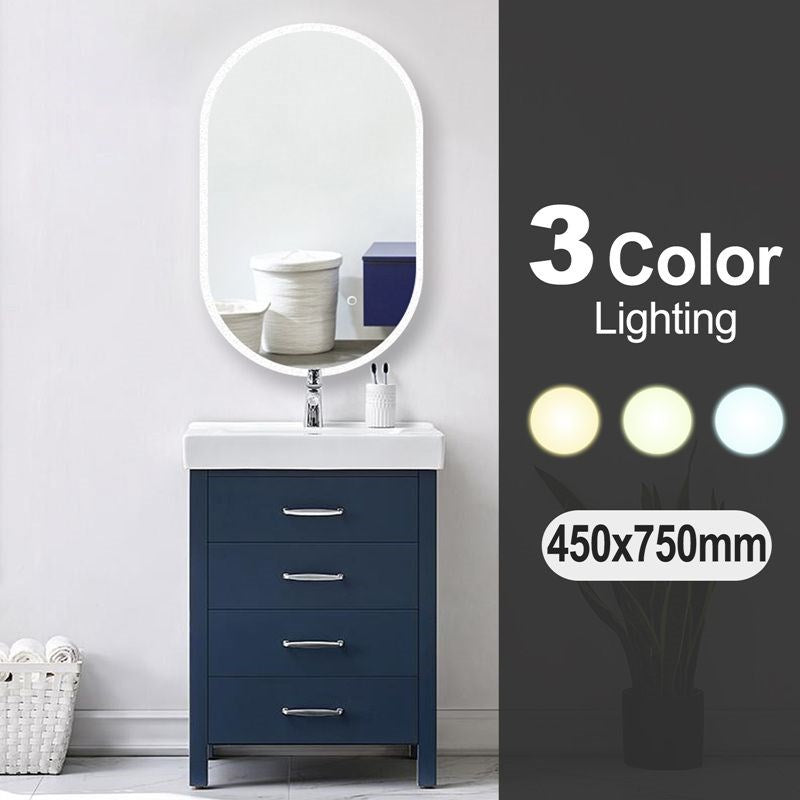 450x750mm Oval 3 Color Lighting LED Mirror Touch Sensor Switch Defogger Pad Wall Mounted Acrylic Mirror
