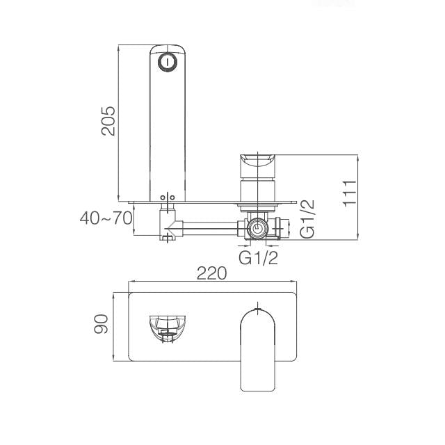 Luxen Wall Basin & Bath Mixer specification drawing with dimensions