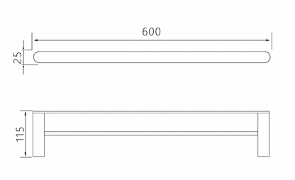 Luxen Double Towel Bar 600mm specification drawing with dimensions