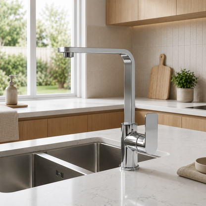 Luxen Kitchen Mixer in Sterling Chrome, installed