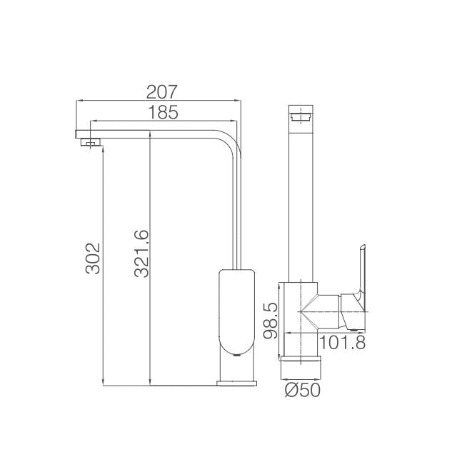 Luxen Kitchen Mixer specification drawing with dimensions