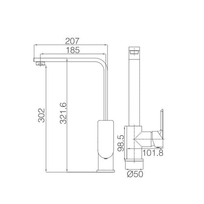 Luxen Kitchen Mixer specification drawing with dimensions