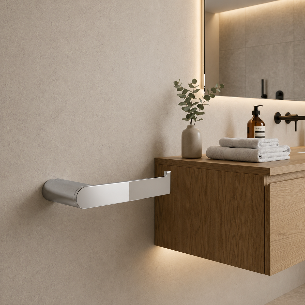 Luxen Paper Holder in Sterling Chrome, installed