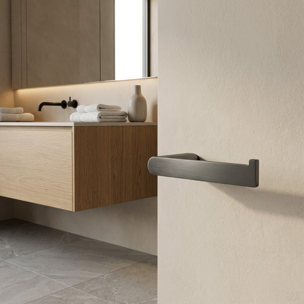 Luxen Paper Holder in Forged Gunmetal, installed