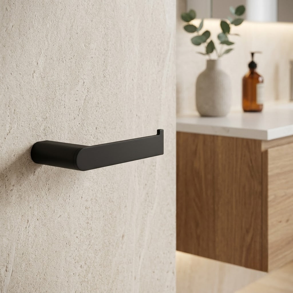 Luxen Paper Holder in Noir Obsidian, installed