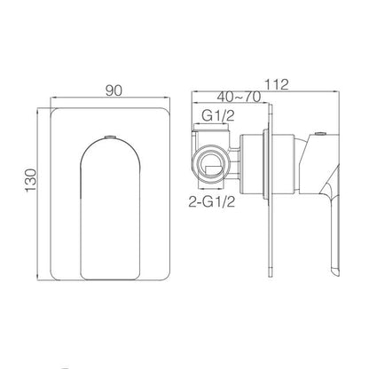Luxen Shower Mixer specification drawing with dimensions