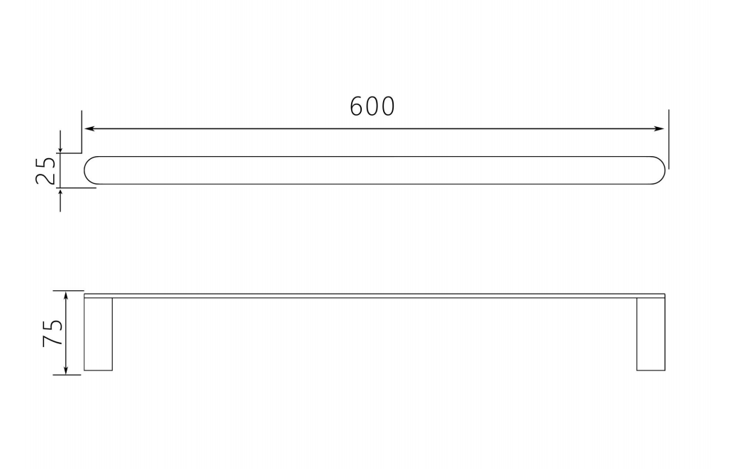 Luxen Single Towel Bar 600mm specification drawing with dimensions