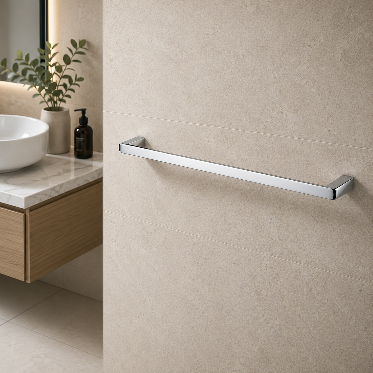Luxen Single Towel Bar 600mm in Sterling Chrome, installed