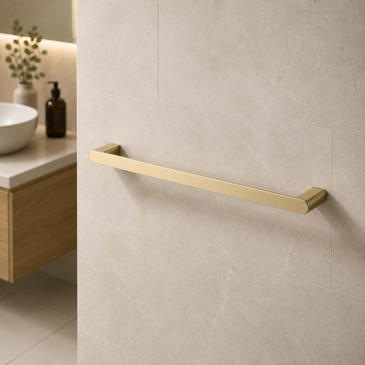 Luxen Single Towel Bar 600mm in Brushed Aurum, installed