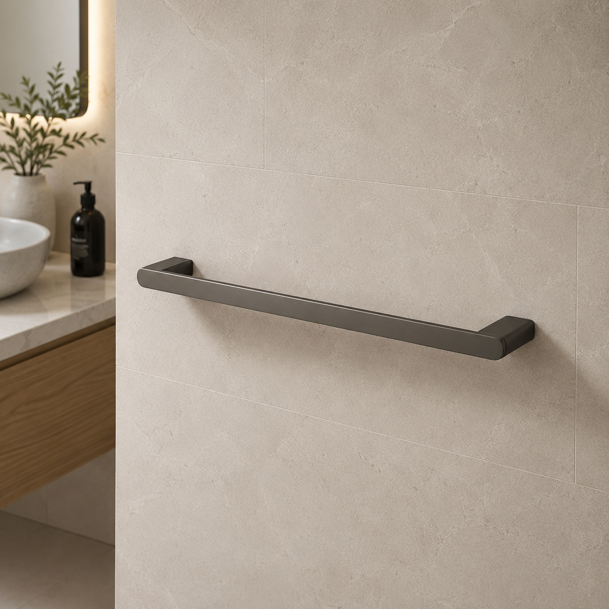 Luxen Single Towel Bar 600mm in Forged Gunmetal, installed