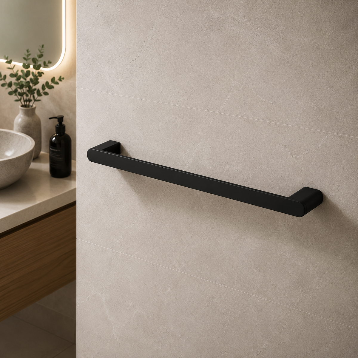 Luxen Single Towel Bar 600mm in Noir Obsidian, installed