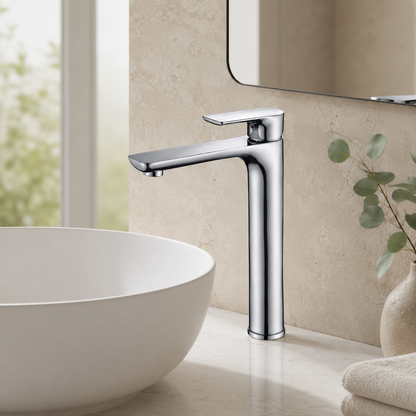 Luxen Tall Basin Mixer in Sterling Chrome, installed