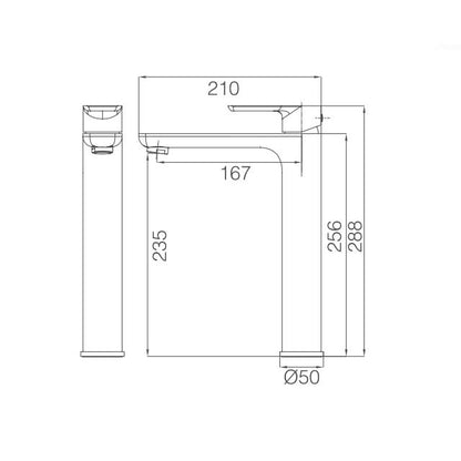 Luxen Tall Basin Mixer specification drawing with dimensions