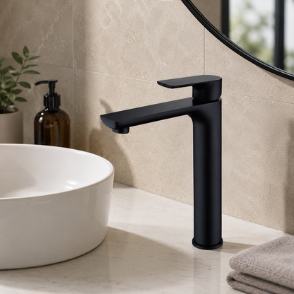 Luxen Tall Basin Mixer in Noir Obsidian, installed