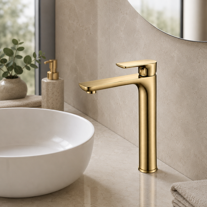Luxen Tall Basin Mixer in Brushed Aurum, installed