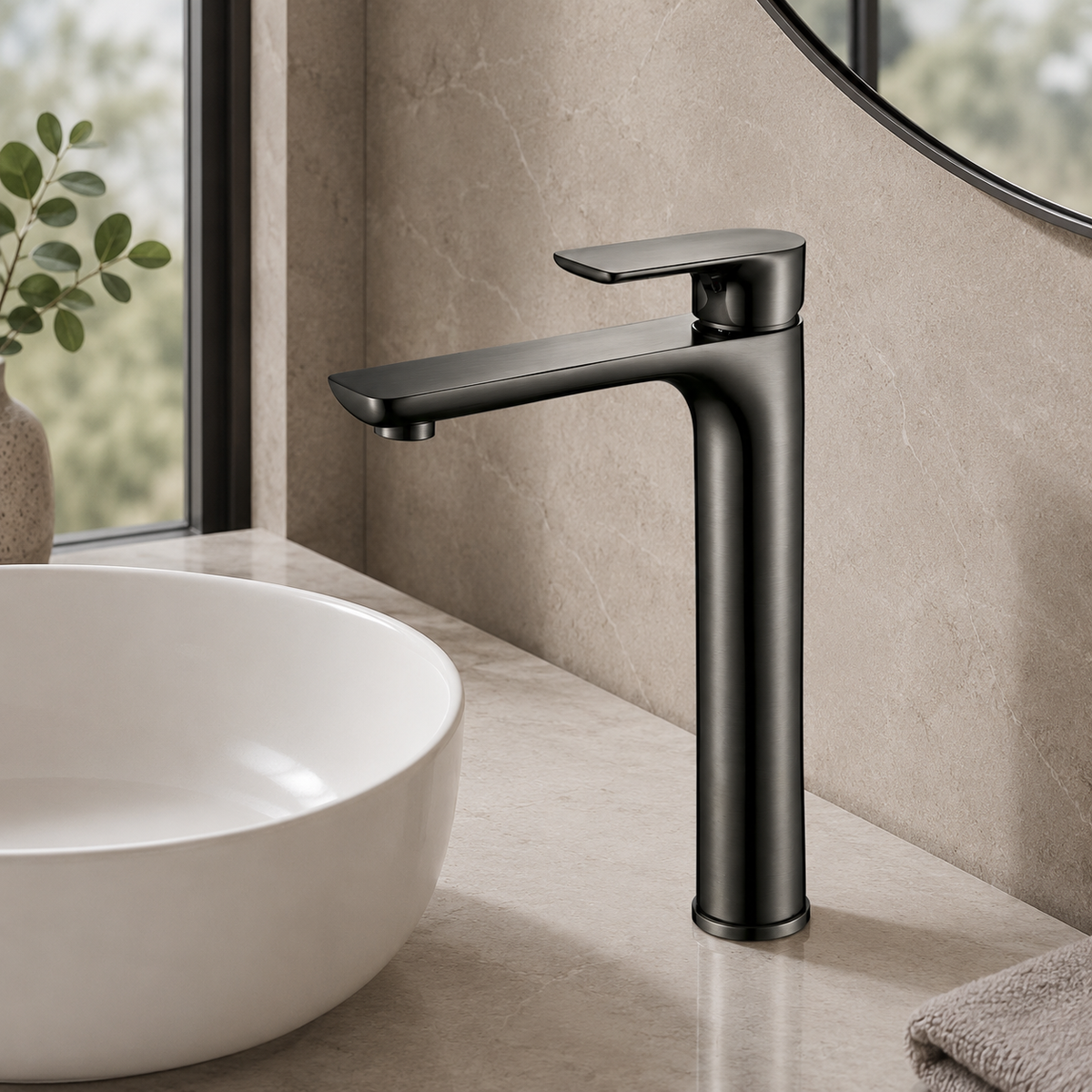 Luxen Tall Basin Mixer in Forged Gunmetal, installed