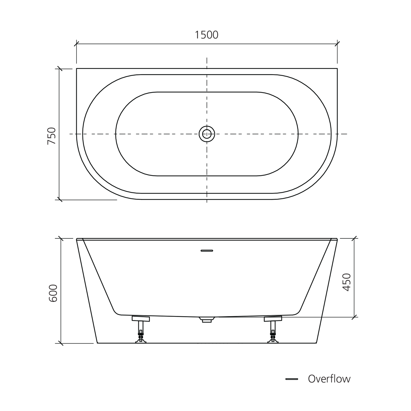 Naples Back To Wall Bath With Overflow 1500mm