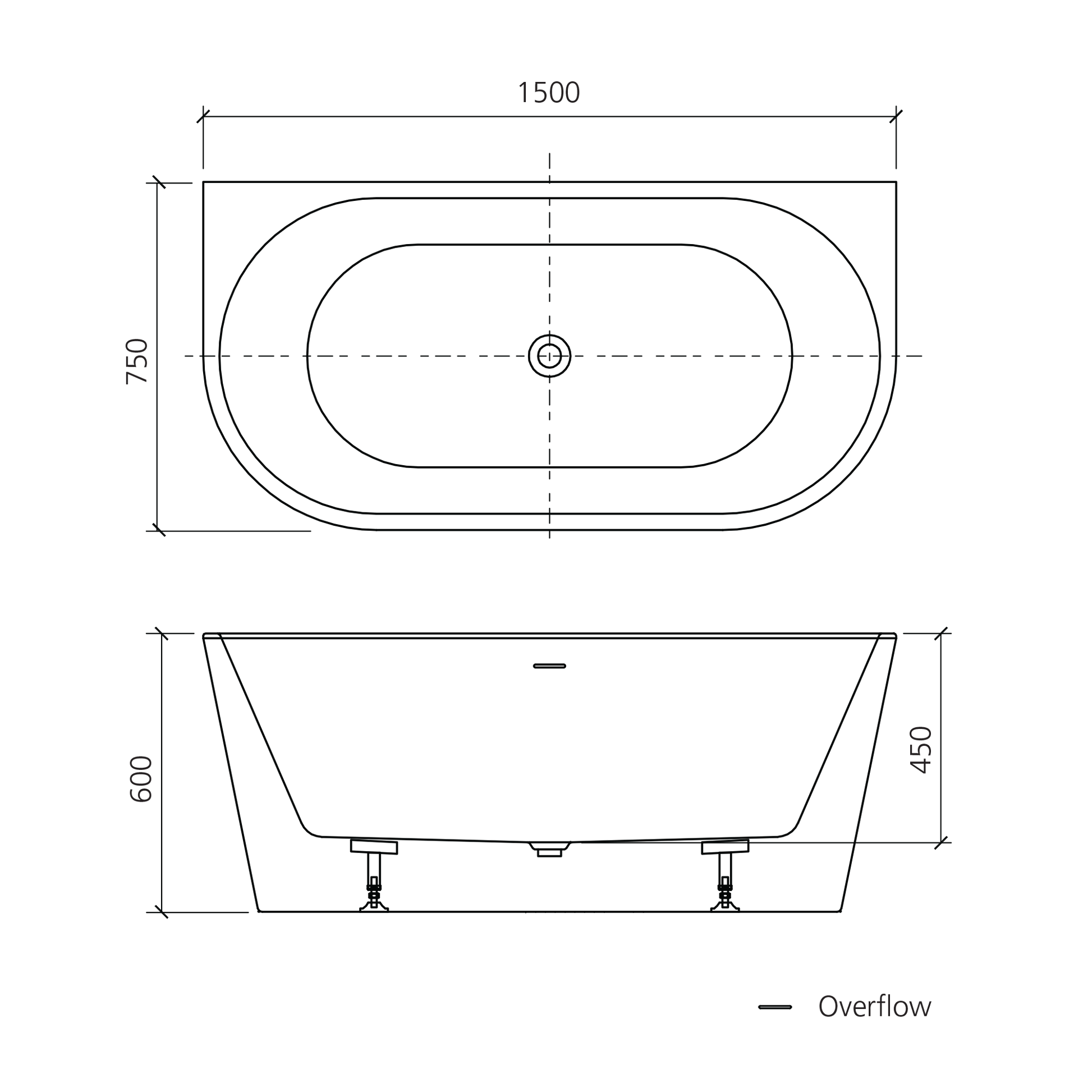 Naples Back To Wall Bath With Overflow 1500mm