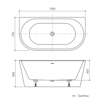 Naples Back To Wall Bath With Overflow 1500mm