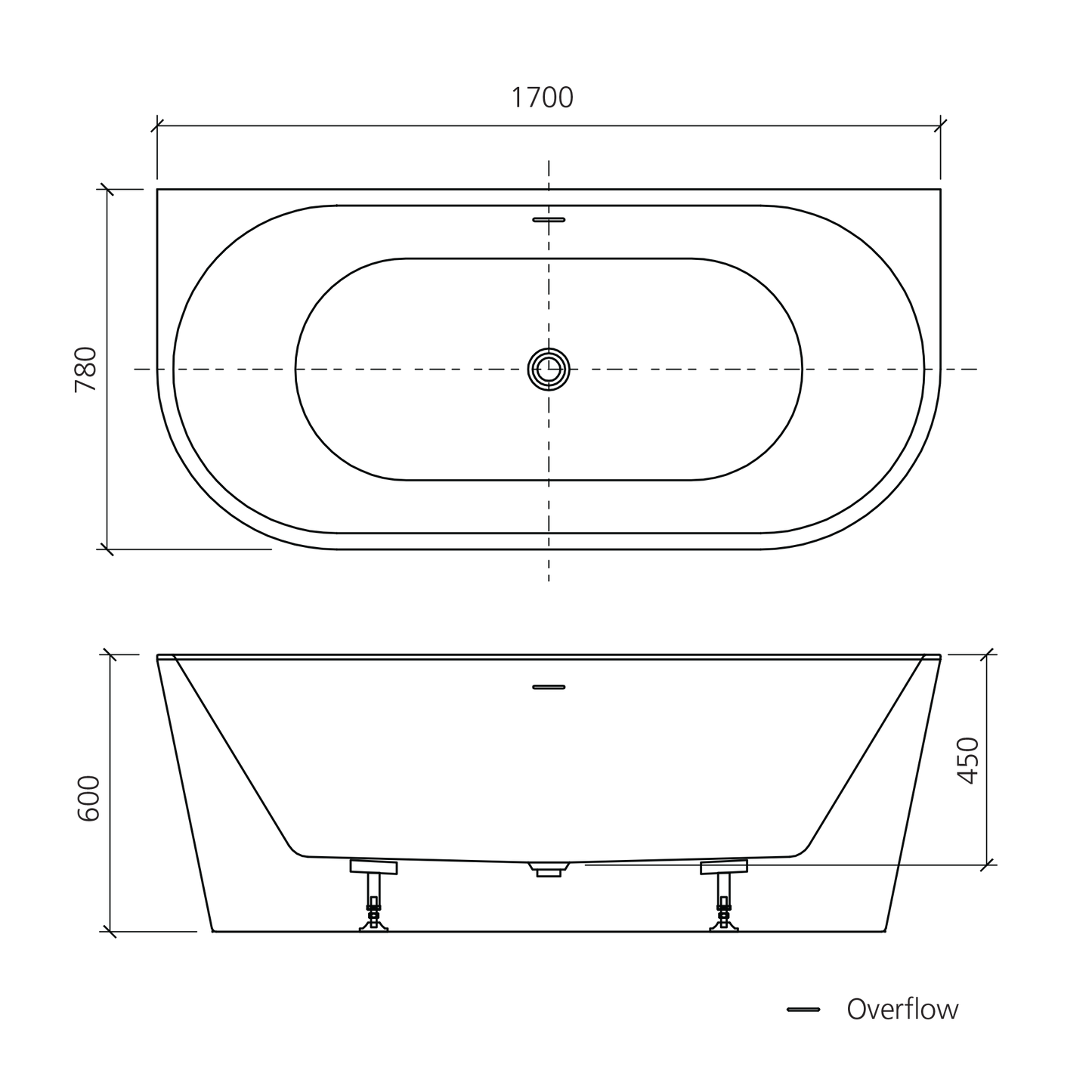 Naples Back To Wall Bath With Overflow 1700mm