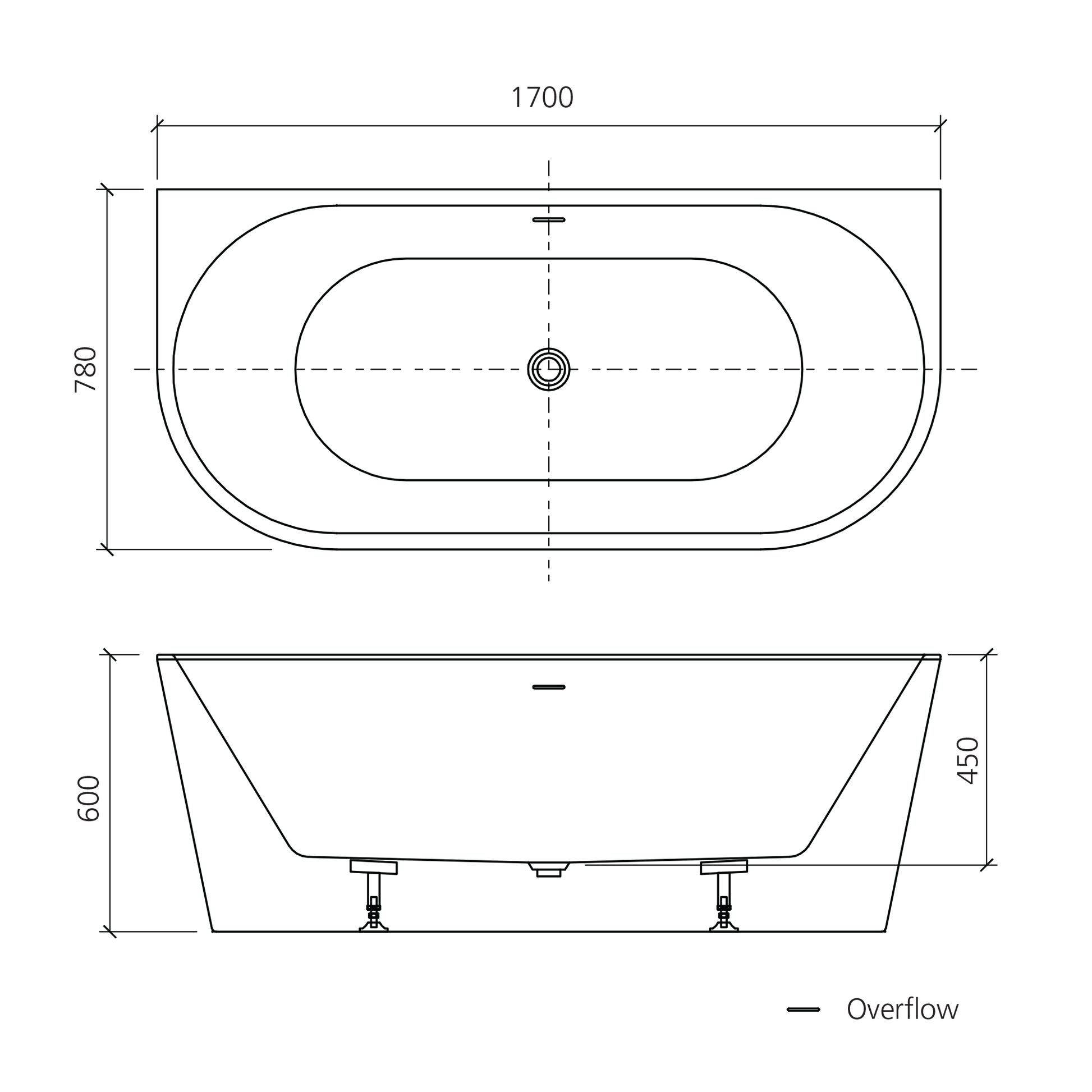 Naples Back To Wall Bath With Overflow 1700mm