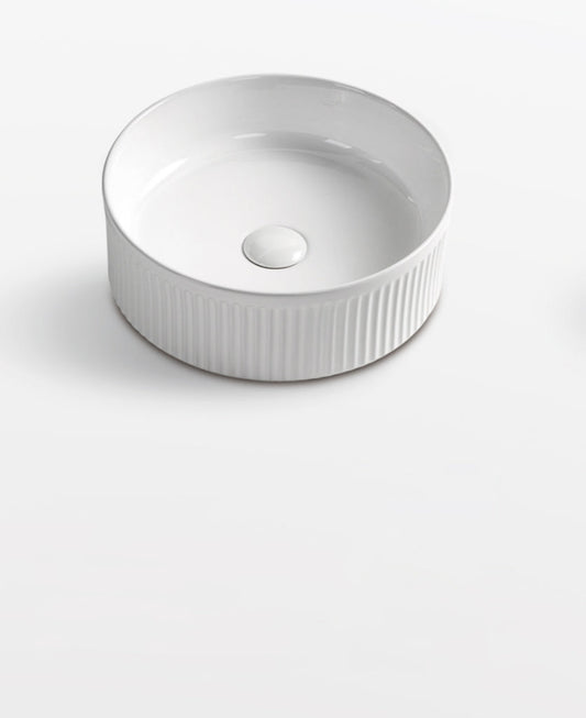 370 x 370 x 130 mm Round Gloss White Fluted Above Counter Ceramic Basin