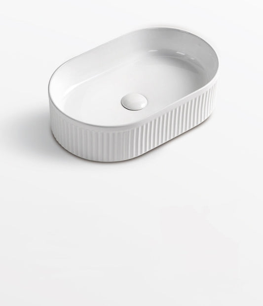 490 x 310 x 130mm Oval Matte White Fluted Above Counter Ceramic Basin