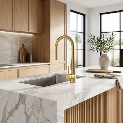 Novaire Pull Out Kitchen Sink Mixer in Brushed Aurum, installed