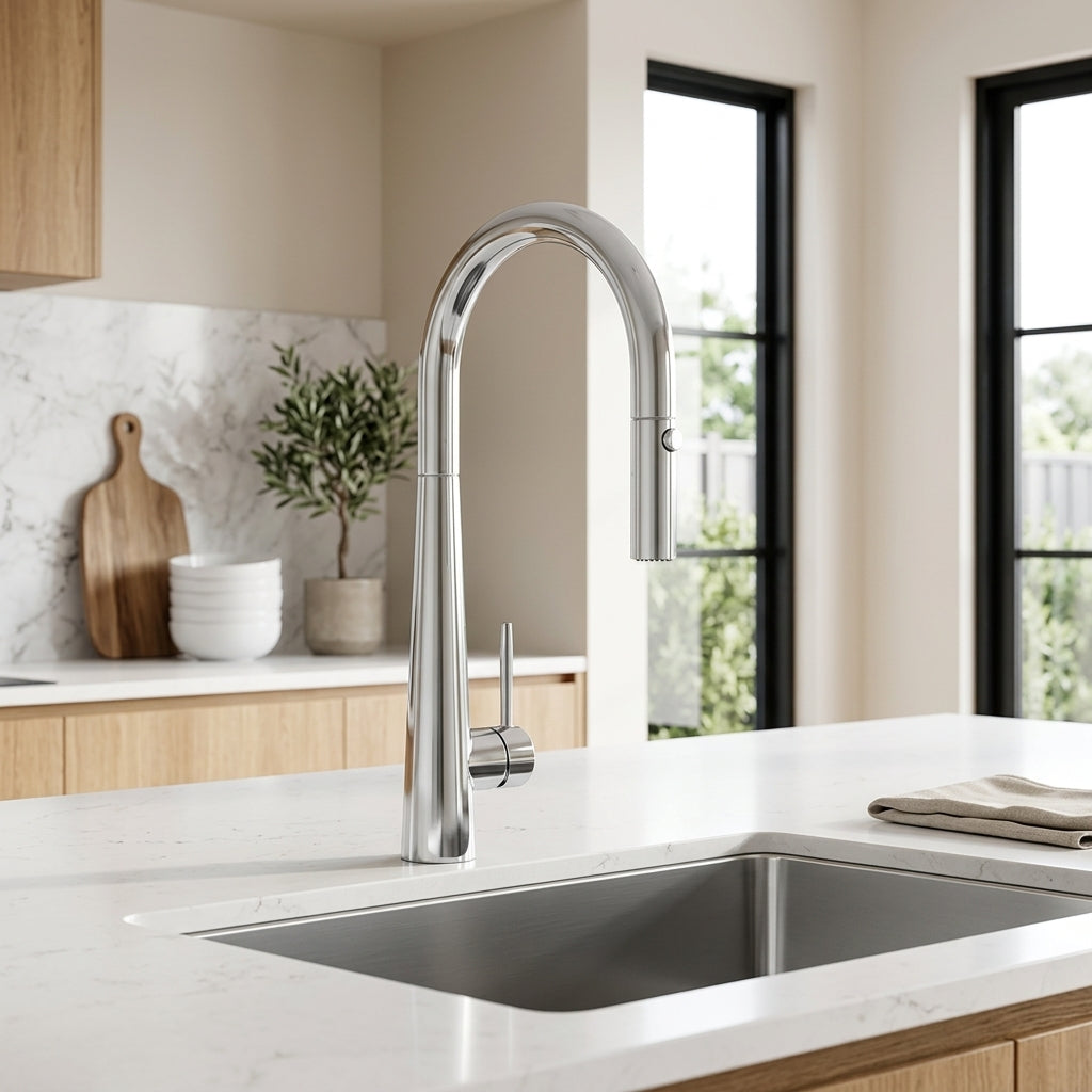 Novaire Pull Out Kitchen Sink Mixer in Sterling Chrome, installed