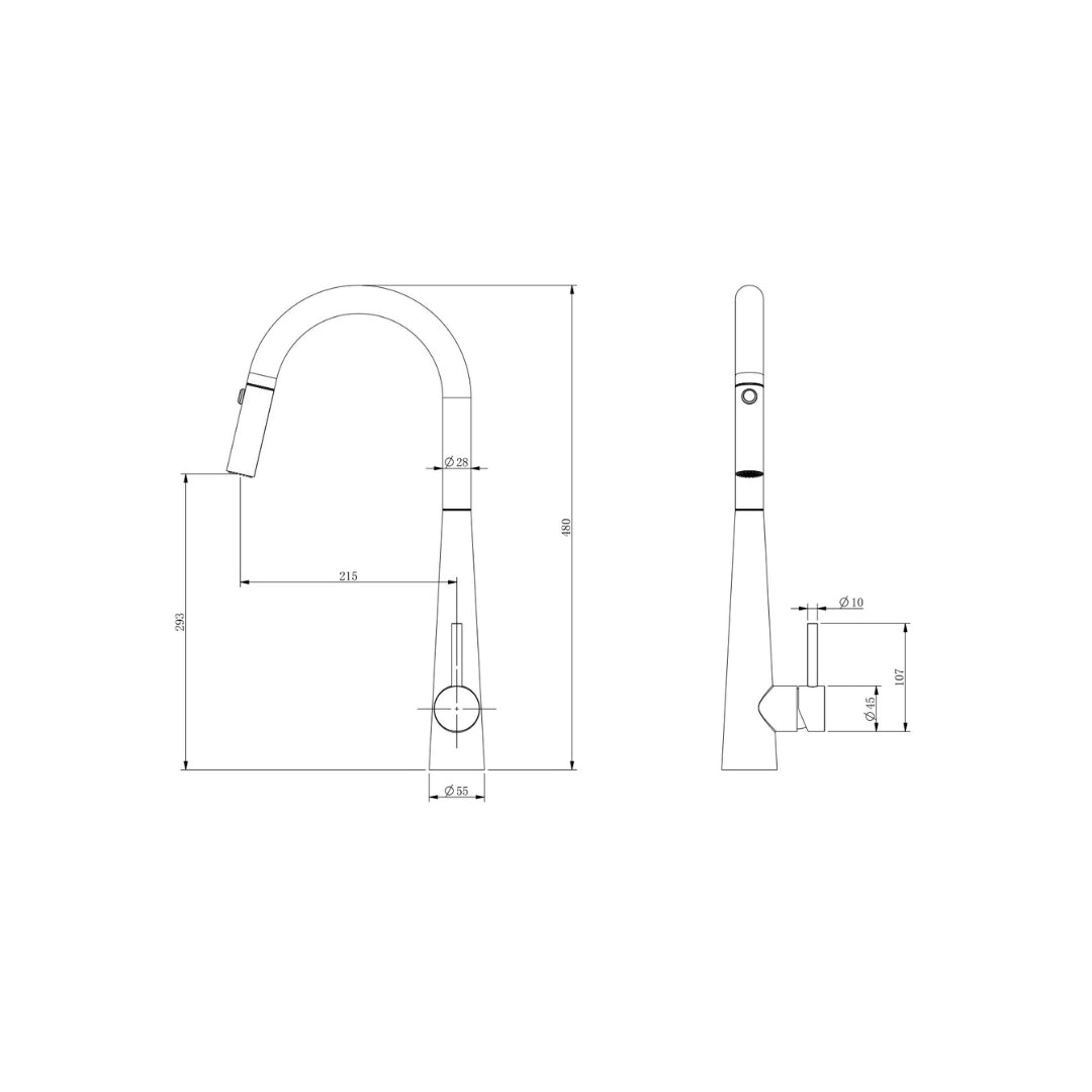 Novaire Pull Out Kitchen Sink Mixer specification drawing with dimensions