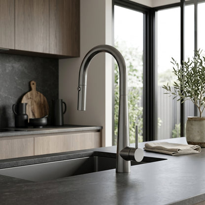 Novaire Pull Out Kitchen Sink Mixer in Forged Gunmetal, installed