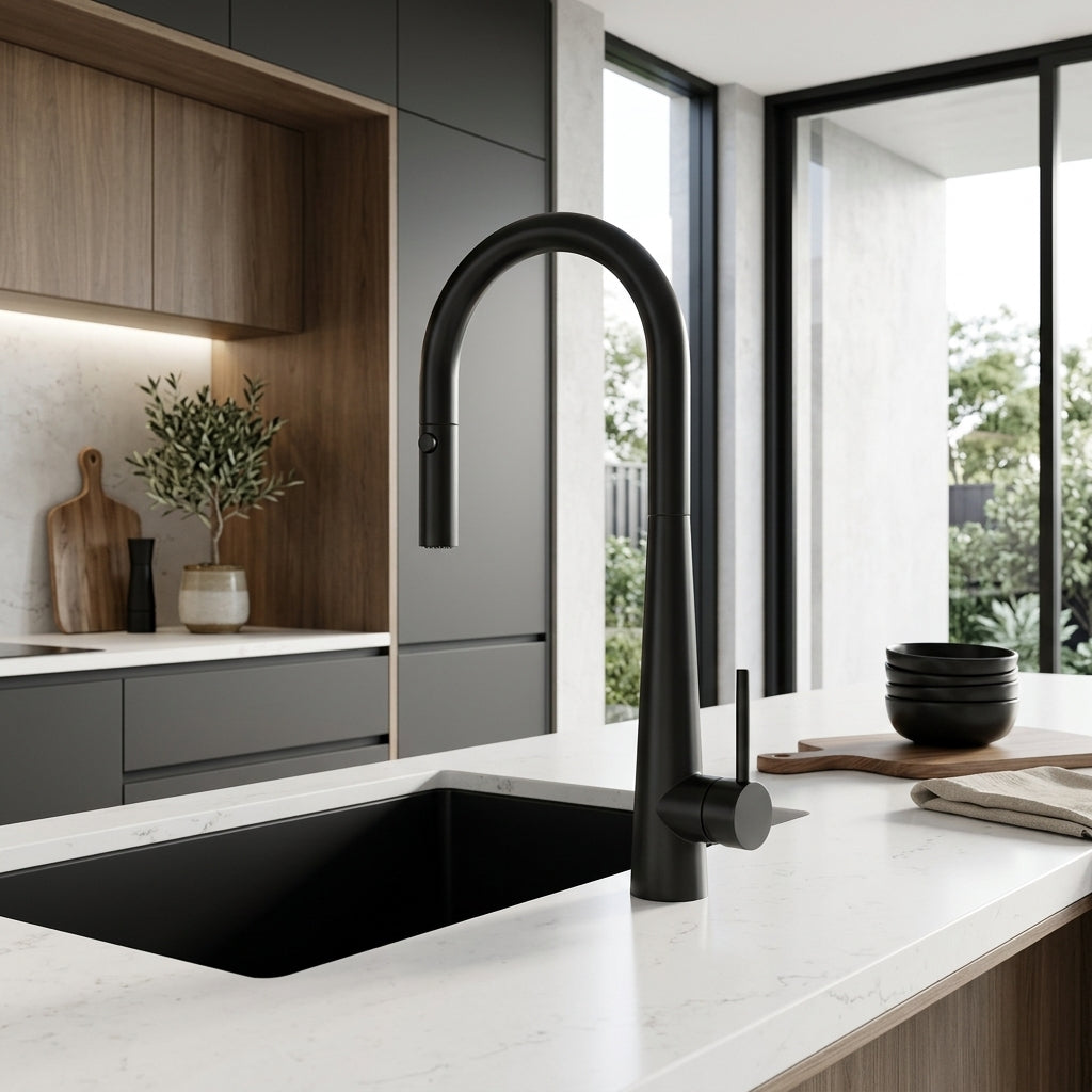Novaire Pull Out Kitchen Sink Mixer in Noir Obsidian, installed