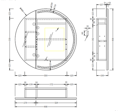 CARYSIL Orbit Series Round  800x800mm Walnut LED Shaving Cabinet