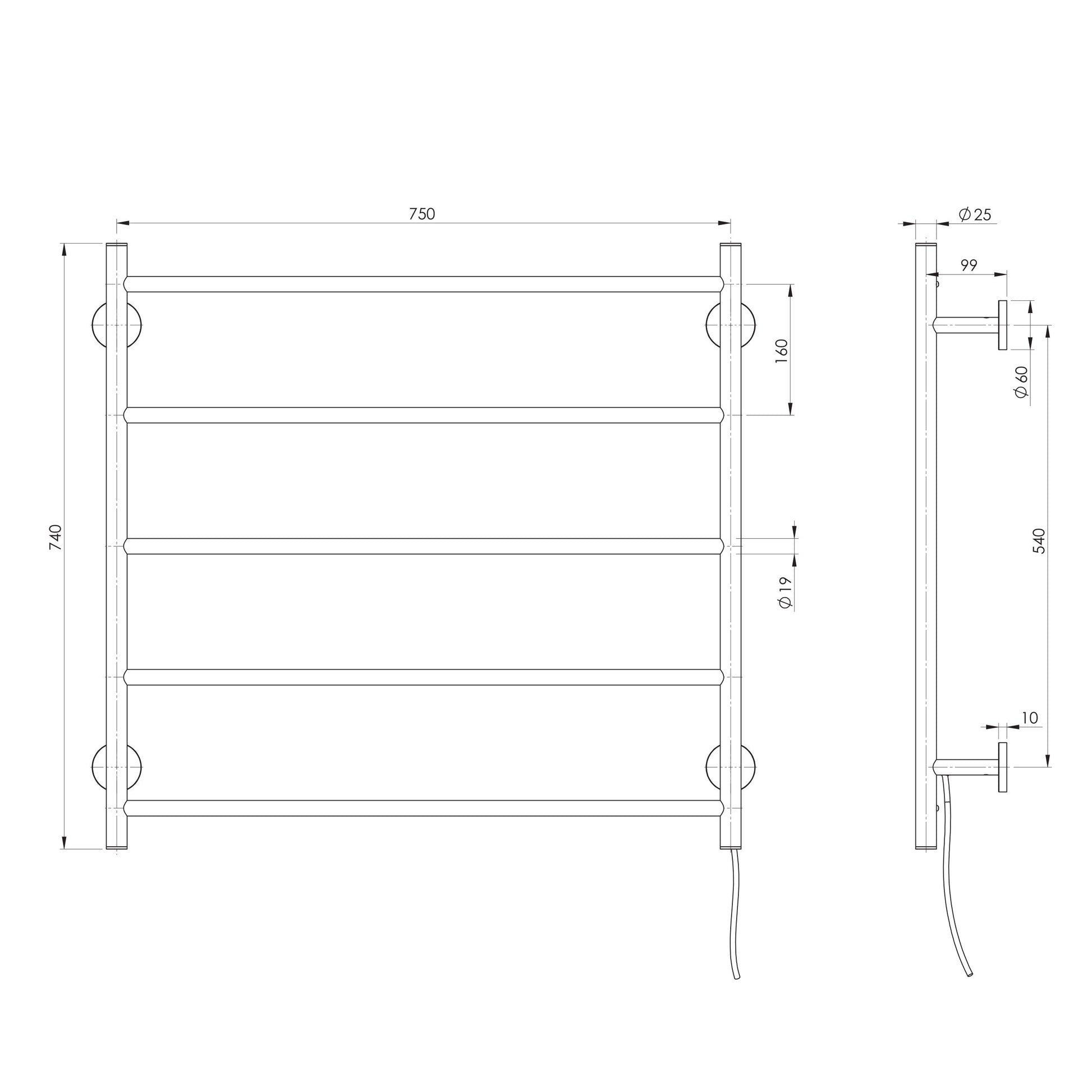 Radii Heated Towel Ladder 750mm x 740mm
