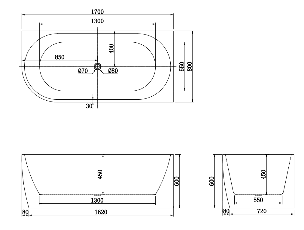 1700x800x600mm Gina Fluted Right Corner Matte Black