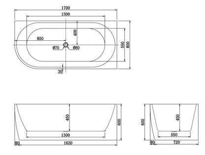 1700x800x600mm Gina Fluted Right Corner Matte Black