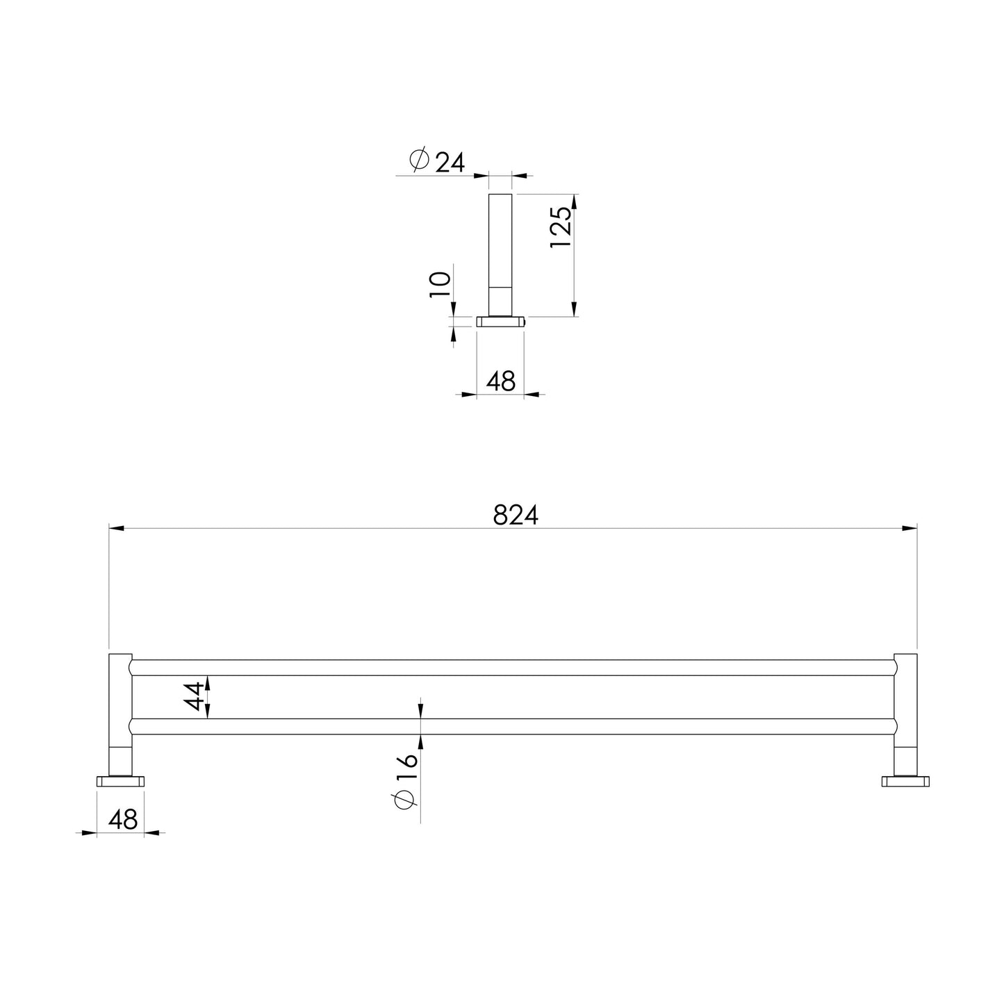 Radii SS 316 Double Towel Rail Square Plate 800mm