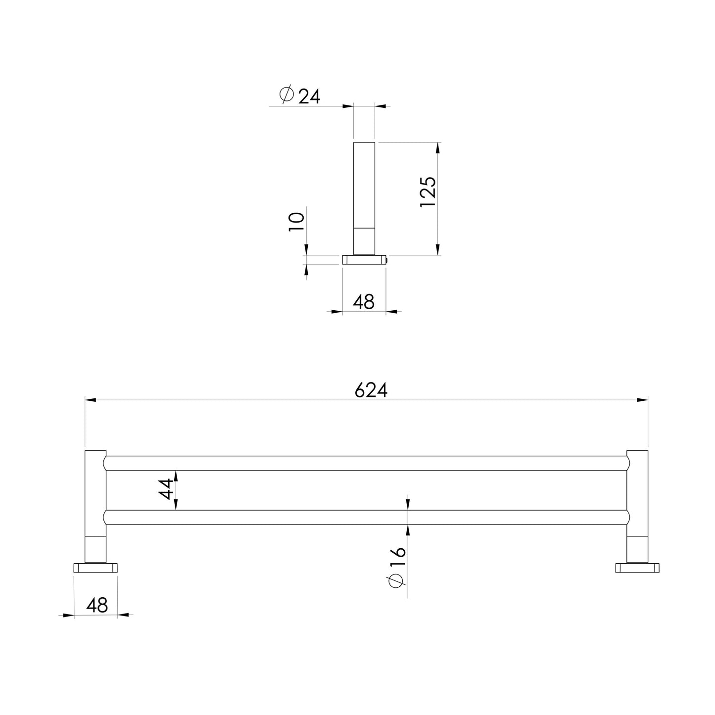 Radii SS 316 Double Towel Rail Square Plate 600mm